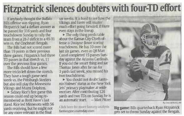 Fitzpatrick, Ryan / Fitzpatrick Silences Doubters with Four-TD Effort | Newspaper Article | November 2010 | Buffalo Bills