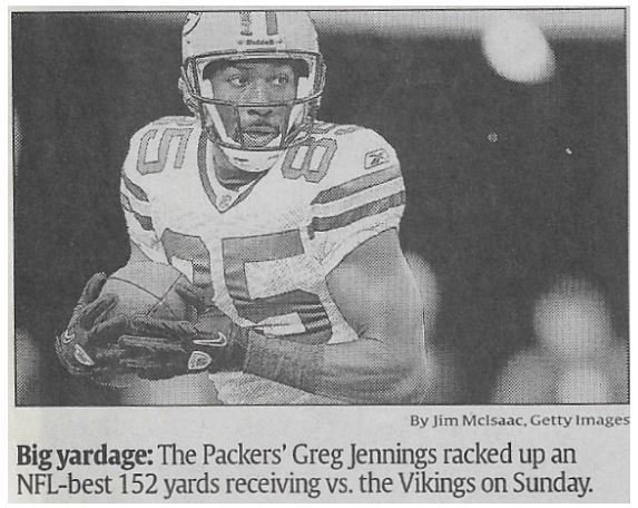 Jennings, Greg / Big Yardage | Newspaper Photo | November 2010 | Green Bay Packers