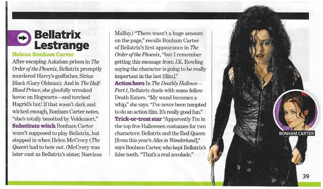 Carter, Helena Bonham / As Bellatrix Lestrange | Magazine Article | November 2010 | Harry Potter
