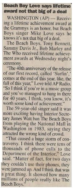 Beach Boys, The / Beach Boy Love Says Lifetime Award Not That Big of a Deal / 2001