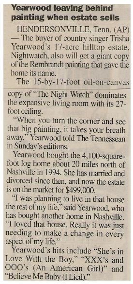 Yearwood, Trisha / Yearwood Leaving Behind Painting When Estate Sells / 2001