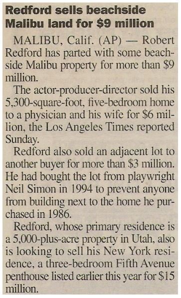 Redford, Robert / Redford Sells Beachside Malibu Land for $9 Million / 2001