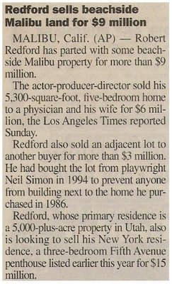 Redford, Robert / Redford Sells Beachside Malibu Land for $9 Million / 2001