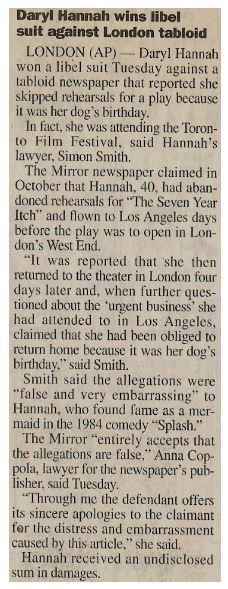 Hannah, Daryl / Daryl Hannah Wins Libel Suit Against London Tabloid / 2001