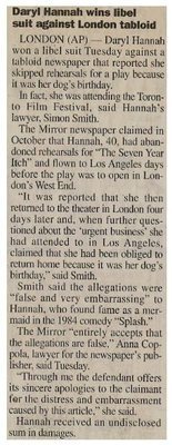Hannah, Daryl / Daryl Hannah Wins Libel Suit Against London Tabloid / 2001