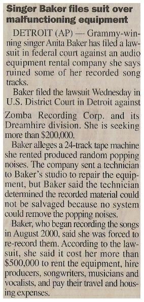 Baker, Anita / Singer Baker Files Suit Over Malfunctioning Equipment / 2001
