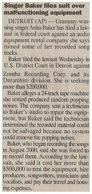 Baker, Anita / Singer Baker Files Suit Over Malfunctioning Equipment / 2001