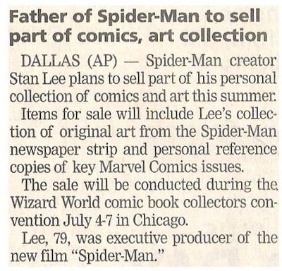 Lee, Stan / Father of Spider-Man to Sell Part of Comics, Art Collection / 2002