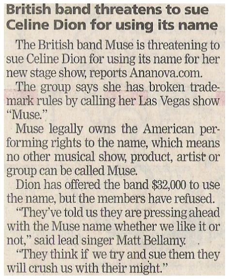 Muse / British Band Threatens to Sue Celine Dion for Using Its Name / 2002