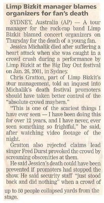 Limp Bizkit / Manager Blames Organizers for Fan's Death / 2002