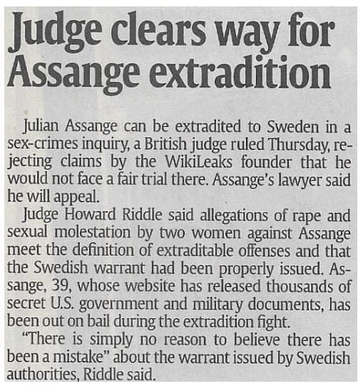 Assange, Julian / Judge Clears Way for Assange Extradition / 2011
