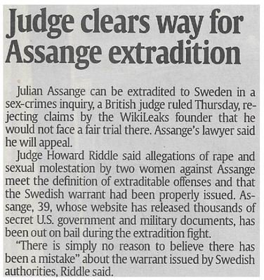 Assange, Julian / Judge Clears Way for Assange Extradition / 2011