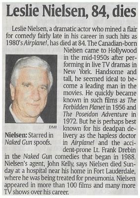 Nielsen, Leslie / Leslie Nielsen, 84, Dies / Obituary / 2010