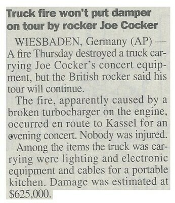Cocker, Joe / Truck Fire Won't Put Damper on Tour by Rocker Joe Cocker / 2000