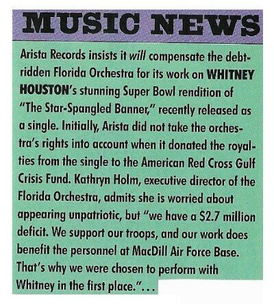 Houston, Whitney / Arista Records Will Compensate Florida Orchestra / 1991