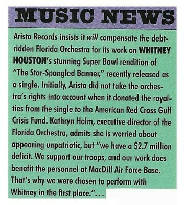 Houston, Whitney / Arista Records Will Compensate Florida Orchestra / 1991