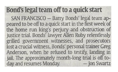 Bonds, Barry / Bonds' Legal Team Off to a Quick Start / San Francisco Giants / 2001