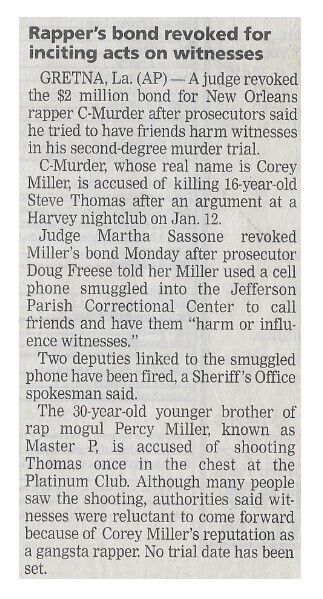 C-Murder / Rapper's Bond Revoked for Inciting Acts On Witnesses / 2002