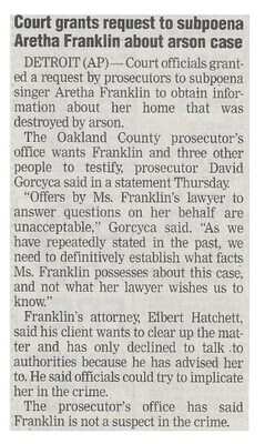 Franklin, Aretha / Court Grants Request to Subpoena Aretha Franklin About Arson Case / 2003