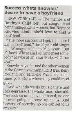 Beyonce / Success Whets Knowles' Desire to Have a Boyfriend / 2002