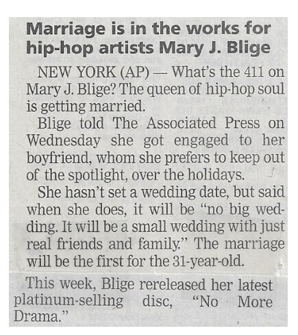 Blige, Mary J. / Marriage is in the Works for Hip-Hop Artist / 2002