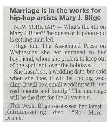 Blige, Mary J. / Marriage is in the Works for Hip-Hop Artist / 2002