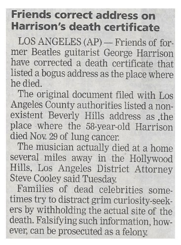 Harrison, George / Friends Correct Address On Harrison's Death Certificate / 2002
