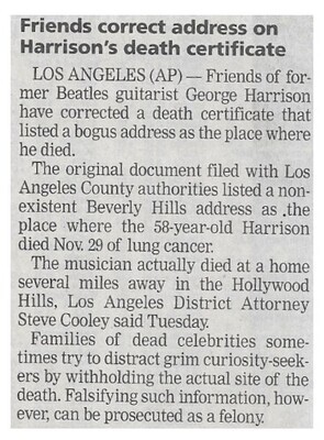Harrison, George / Friends Correct Address On Harrison's Death Certificate / 2002
