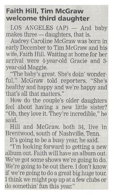 Hill, Faith / Faith Hill, Tim McGraw Welcome Third Daughter / 2002