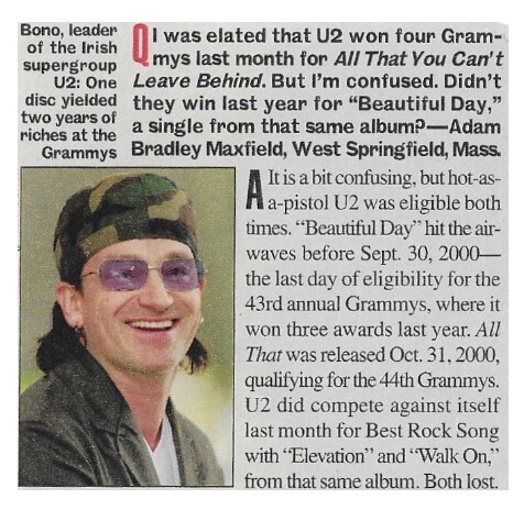 U2 / U2 Won Four Grammys / 2002