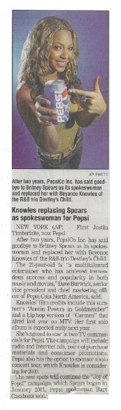 Beyonce / Knowles Replacing Spears As Spokeswoman for Pepsi / 2002
