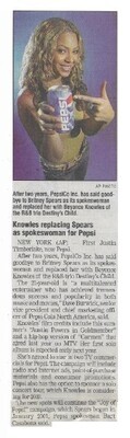 Beyonce / Knowles Replacing Spears As Spokeswoman for Pepsi / 2002