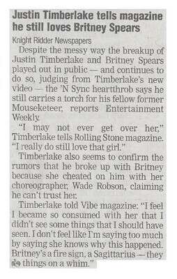 Timberlake, Justin / Tells Magazine He Still Loves Britney Spears / 2003