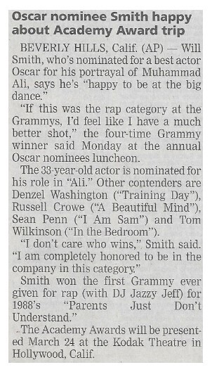 Smith, Will / Oscar Nominee Smith Happy About Academy Award Trip / 2002