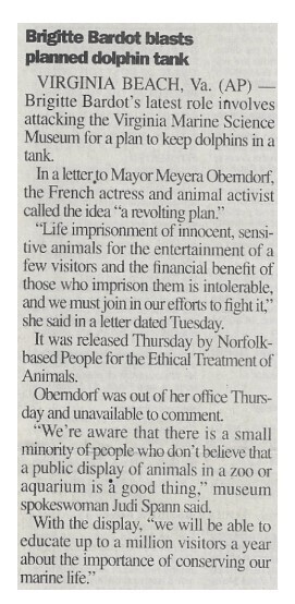 Bardot, Brigitte / Brigitte Bardot Blasts Planned Dolphin Tank / 2000