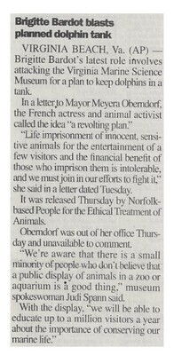Bardot, Brigitte / Brigitte Bardot Blasts Planned Dolphin Tank / 2000