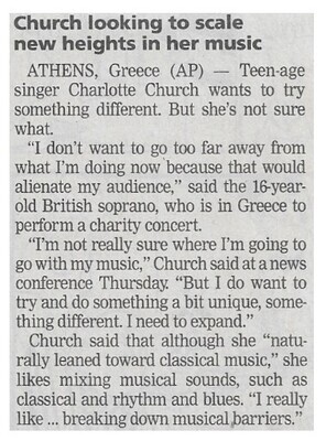 Church, Charlotte / Church Looking to Scale New Heights in Her Music / 2002
