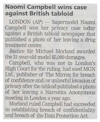 Campbell, Naomi / Wins Case Against British Tabloid / 2002