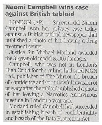 Campbell, Naomi / Wins Case Against British Tabloid / 2002