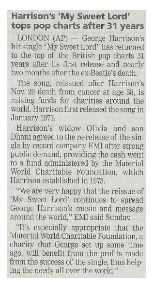 Harrison, George / Harrison's My Sweet Lord Tops Pop Charts After 31 Years / 2002