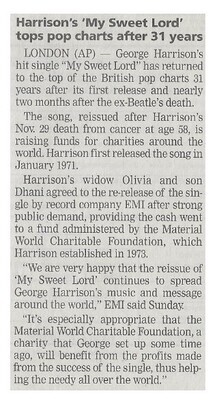 Harrison, George / Harrison's My Sweet Lord Tops Pop Charts After 31 Years / 2002