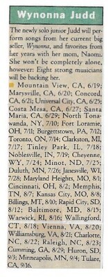 Judd, Wynonna / Tour Dates and Story / 1992