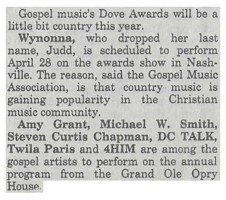 Judd, Wynonna / Gospel Music's Dove Awards Will Be a Little Bit Country This Year / 1994