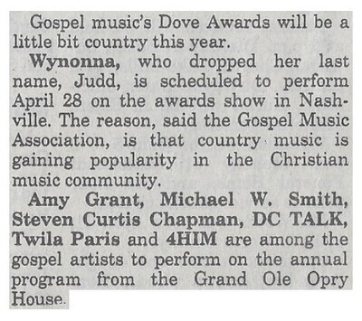 Judd, Wynonna / Gospel Music's Dove Awards Will Be a Little Bit Country This Year / 1994
