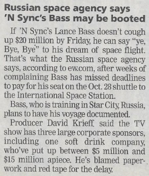 NSYNC / Russian Space Agency Says 'N Sync's Bass May Be Booted / 2002