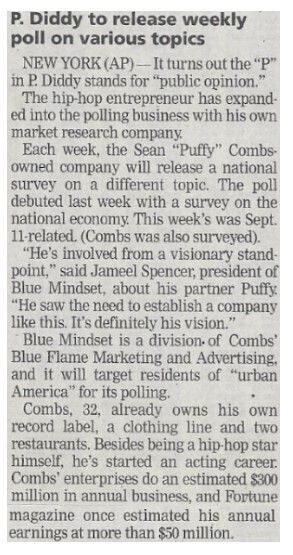 Combs, Sean (Puffy) / P. Diddy to Release Weekly Poll On Various Topics / 2002