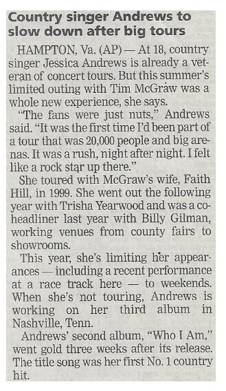 Andrews, Jessica / Country Singer Andrews to Slow Down After Big Tours / 2002