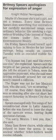 Spears, Britney / Britney Spears Apologizes for Expression of Anger / 2002