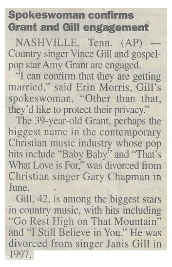 Grant, Amy / Spokeswoman Confirms Grant and Gill Engagement / 2000