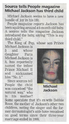 Jackson, Michael / Source Tells People Magazine Michael Jackson Has Third Child / 2002